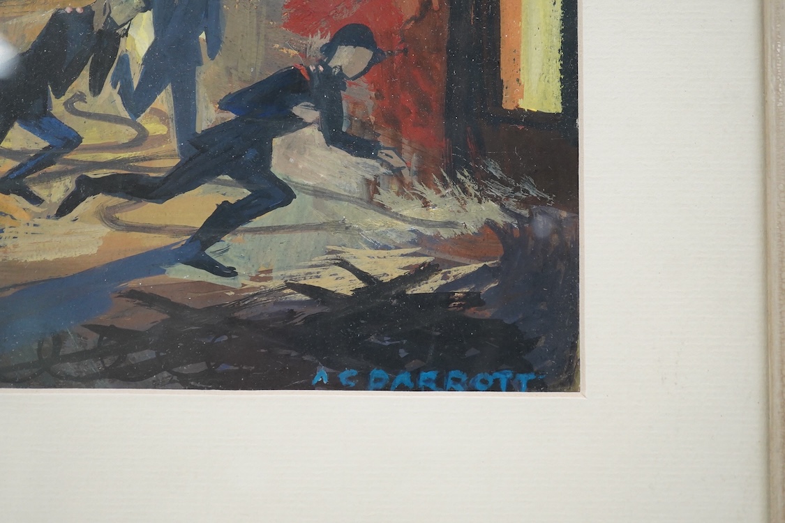 Anthony C. Parrot (20th Century) 'Blitz', a study of figures congregating outside a bombed house, with stretcher bearers entering the ruins of the building, gouache, 32cm x 47.5cm; together with another similar smaller s